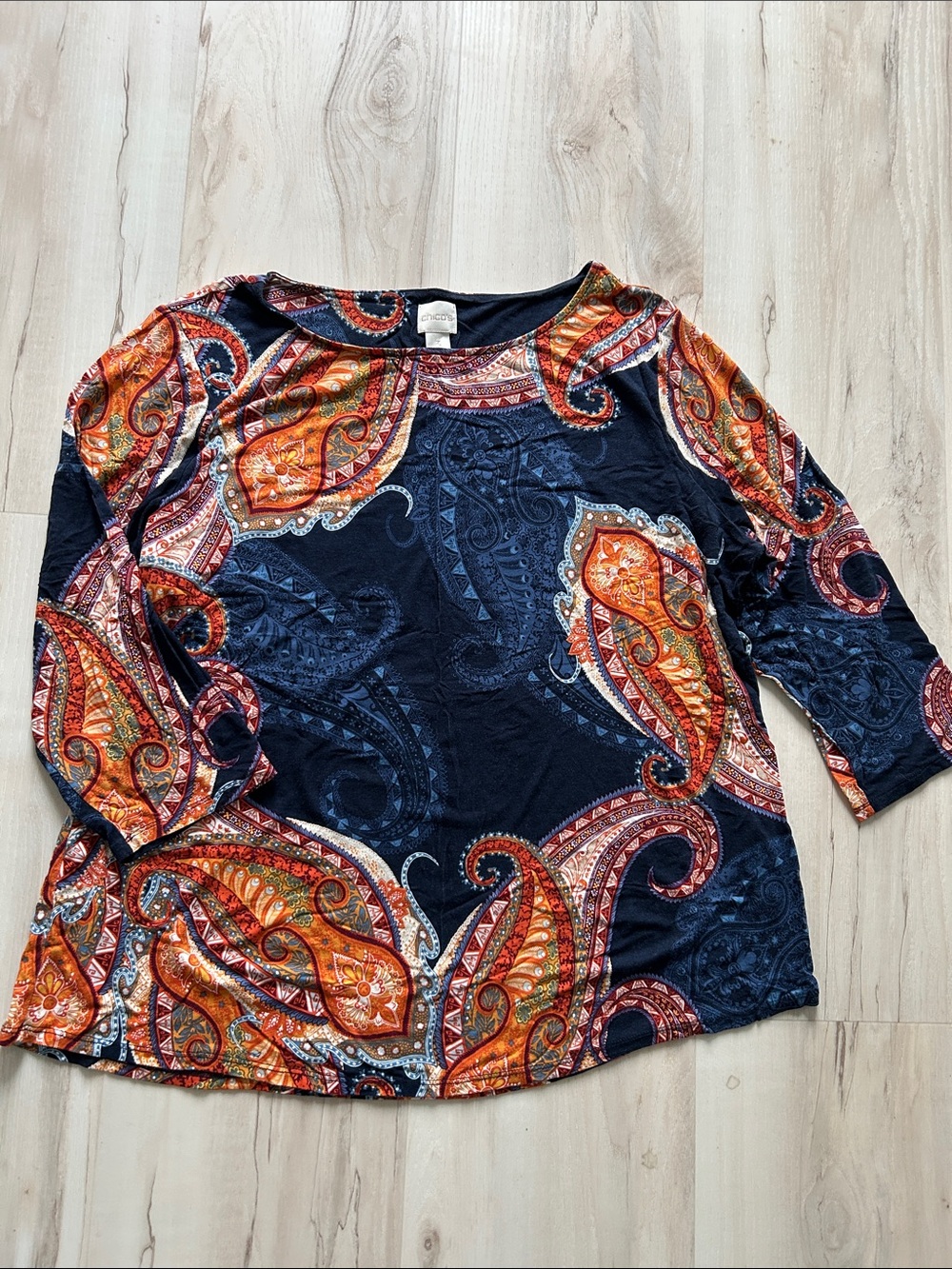Chico's Navy Paisley Long-Sleeve Top with Orange Accents